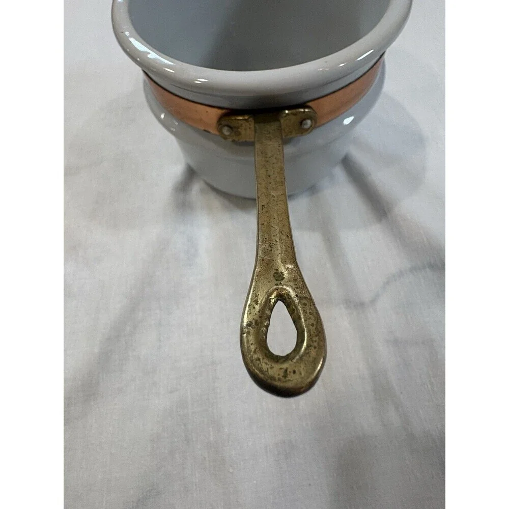 Vintage White Stoneware Double Boiler Pot Insert Copper & Brass Handle 1.5 QT